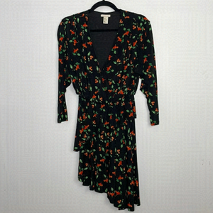 H&M asymmetric ruffle cherry print black dress
